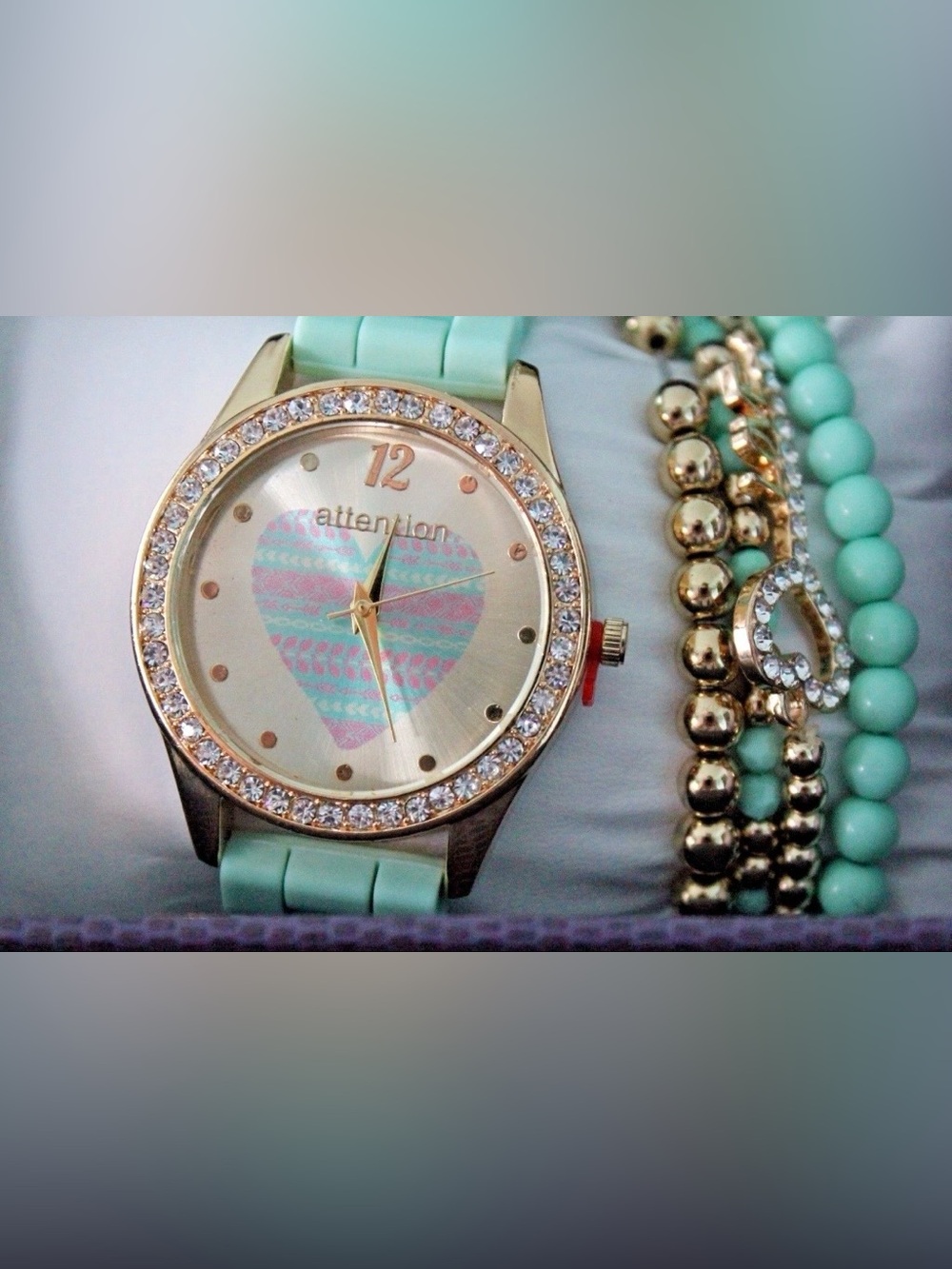 attention Gold-Tone Watch with Mint Silicone Band and Bracelet Fashion Set